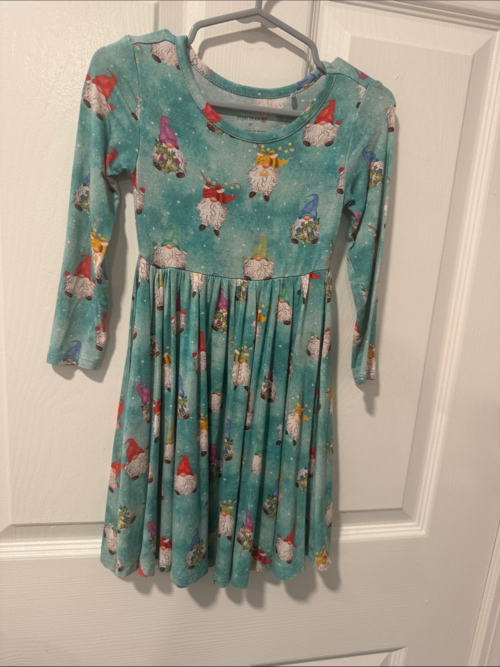 Posh Peanut ' Teal Gnome Print Long-Sleeve Bamboo Dress - Size 2T
